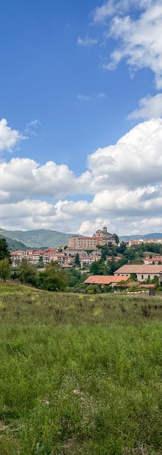 Green meadow in foreground with Monesiglio village nestled among hills. Red-roofed houses and a church visible under blue sky with white clouds.