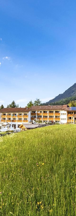 Alm- und Wellnesshotel Alpenhof exterior view with traditional Alpine architecture set in green meadow surrounded by mountains.
