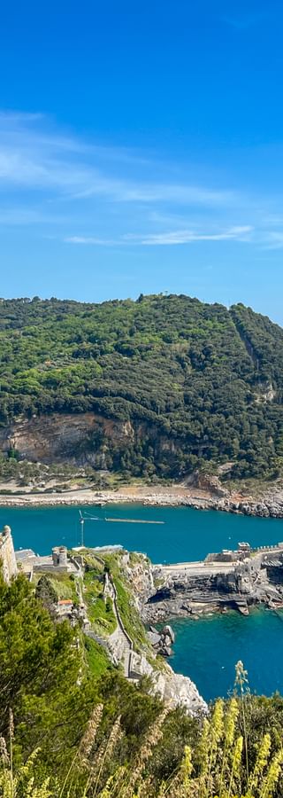 Aerial view of Porto Venere fortress on rocky cliffs with turquoise bay and forested peninsula. Blue Mediterranean Sea stretches to horizon.
