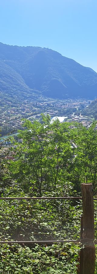 Wanderin mit blauem Rucksack blickt von Holzzaun auf Bergtal der Alta Via del Tabacco. Grüne Hänge rahmen ein fernes Dorf unter klarem Himmel.