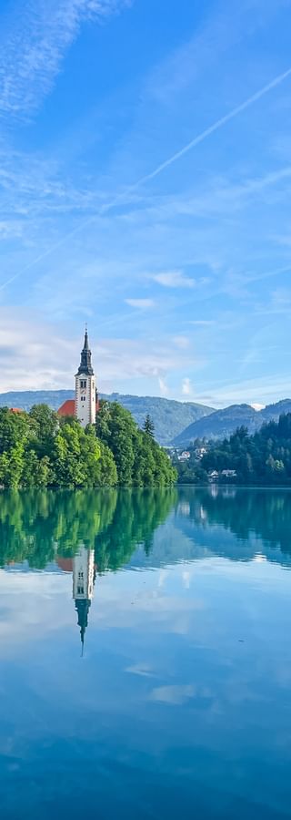 Church tower in Lake Bled