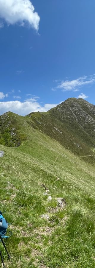 Hölzerner Wegweiser mit blauem Rucksack auf grünem Bergrücken im Passeiertal bei Meran. Alpengipfel und blauer Himmel im Hintergrund.