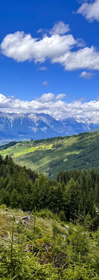Alpenpanorama bei Mieders mit bewaldeten Hügeln und Karwendelgebirge unter blauem Himmel mit weißen Wolken.