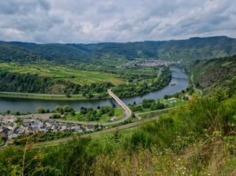 Luftaufnahme der Mosel, die sich durch grünes Tal bei Neef schlängelt, mit Weinbergen, Brücke und Dorf unter bewölktem Himmel.
