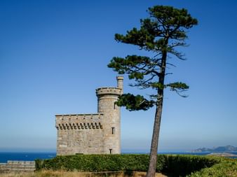 Historischer Steinturm mit Zinnen neben einer hohen Pinie mit Blick auf den Atlantik bei Baiona am Portugiesischen Jakobsweg.