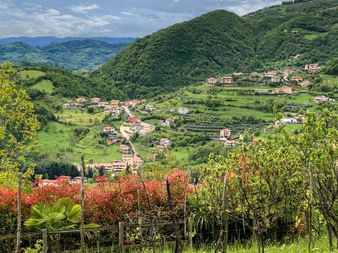 Panoramablick auf ein italienisches Bergdorf mit verstreuten Häusern auf grünen Hängen, umgeben von bewaldeten Bergen unter bewölktem Himmel.