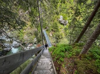 Holzsteg mit Stufen überquert eine Schlucht im Nationalpark Hohe Tauern. Dichter Wald und Felswände umgeben den Weg.