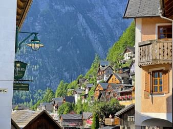 Houses in front of the mountain wall in Hallstatt