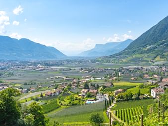 Aerial view of Partschins near Meran in South Tyrol with vineyards, green fields, and mountains under blue sky.