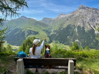 Wanderer und Hund machen Pause und sehen auf den Berggipfel