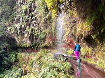 Wanderin vor einem Wasserfall im Urwald