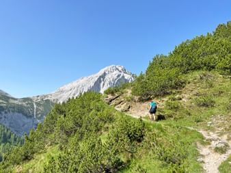 Hiker on a summit trail in the Karwendel mountains