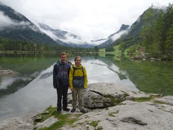 Hikers in front of Lake Hintersee