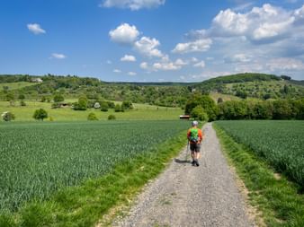 Hiker with orange jacket and backpack walking on gravel path between green fields near Walluf. Rolling hills and blue sky with clouds in background.