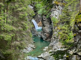 Blick in die Roflaschlucht zwischen grünen Bäumen