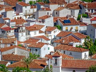 Dicht gedrängte weiße Häuser mit Terrakotta-Ziegeldächern in einem Alpujarras-Dorf. Grüne Pflanzen und Palmen sind zwischen den Gebäuden verstreut.
