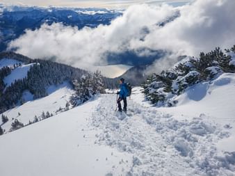 Wanderer in blauer Jacke steigt auf verschneitem Schafberg-Pfad ab, Wolken darunter, schneebedeckte Wälder und Bergketten im Hintergrund.