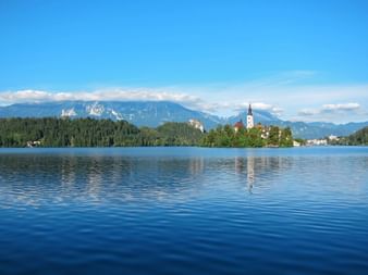 Lake Bled with a view of the Church of the Assumption of the Virgin Mary on an island