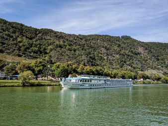 MS Switzerland Flusskreuzfahrtschiff auf dem Rhein mit bewaldeten Hügeln und einem Dorf im Hintergrund unter blauem Himmel.