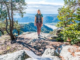 Female hiker with backpack walking on rocky trail in Wachau. View of Danube River valley and forested hills. Pine trees frame the scene.