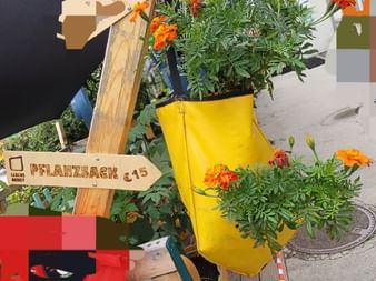 Yellow fabric planting bag filled with green plants and orange marigold flowers, displayed with a wooden sign reading 'PFLANZSACK €15'.