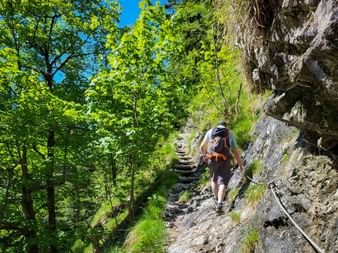 Hiker with backpack ascending stone steps on Burggrabenklamm Valerieweg trail beside a rocky cliff with safety rope, surrounded by green forest.