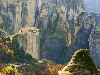 One of the Meteora monasteries high up on a rocky outcrop