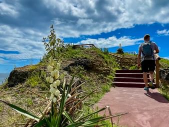 Hiker on a beautiful hiking trail in the Azores