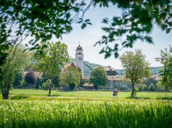 Two hikers walking through green meadow with white flowers. Village of Dollnstein with white church tower visible among trees and hills.