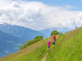 Family hiking uphill on a narrow path through green meadow in Naturns, South Tyrol. Snow-capped mountains and blue sky in background.