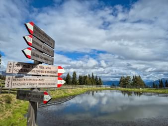 Hölzerne Wegweiser mit rot-weißen Markierungen bei der Bergstation Rosskopf, die Richtungen zu verschiedenen Wanderwegen neben einem Teich zeigen.