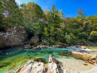 Kristallklarer türkisfarbener Soča-Fluss fließt durch felsige Schlucht bei Bovec in den Julischen Alpen, umgeben von dichtem Wald unter blauem Himmel.