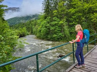 Hiker with blue backpack on wooden bridge over rushing Koppentraun river, surrounded by green forest and misty mountains.