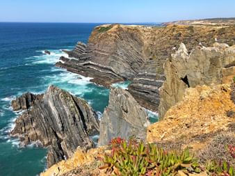 Dramatic layered rock formations jutting into turquoise ocean waters on Portugal's west coast, with succulent plants growing on sandy cliffs.