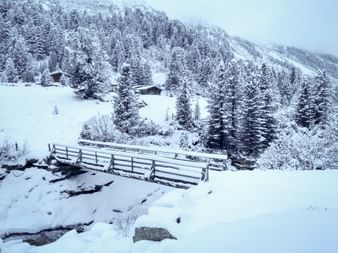 Schneebedeckte Holzbrücke über einen gefrorenen Bach im Obersulzbachtal. Verschneite Nadelbäume und Berghütten auf schneebedeckten Hängen.
