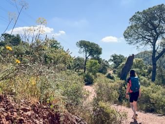 Wanderin wandert auf einsamen Weg durch grüne Landschaft