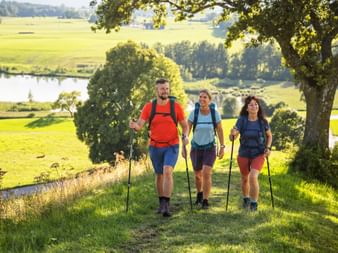 Three hikers with backpacks and trekking poles walking on König Ludwig Weg trail through green meadows with lake and trees in background.