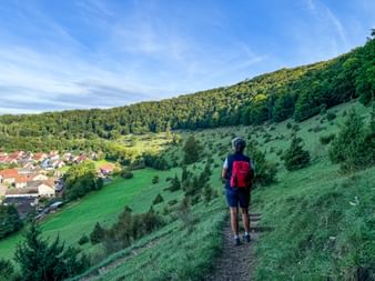 Hiker enjoys the view of Pappenheim Hiker enjoys the view of Pappenheim