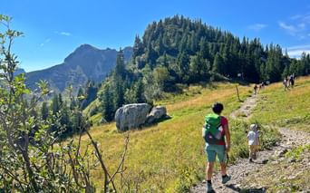 Wanderer auf einem Bergweg in Bayern mit Almwiesen, bewaldeten Gipfeln und blauem Himmel. Ein Kind läuft hinter einem Erwachsenen mit Rucksack.