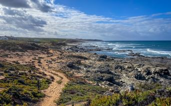 Sandiger Wanderweg entlang felsiger Küste bei Praia do Queimado nahe Porto Covo. Grüne Vegetation säumt den Pfad, dunkle Felsen am Ufer.