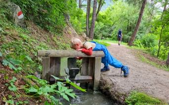 Child discovers the stream on the hiking trail in Merano