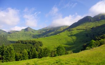 Wiesenfelder und Bergkulisse beim Wandern am Puy Saint