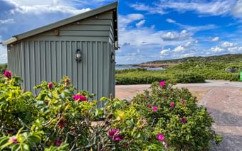 Strandhütte, umgeben von blühenden Pflanzen, am Wanderweg Kullaleden.