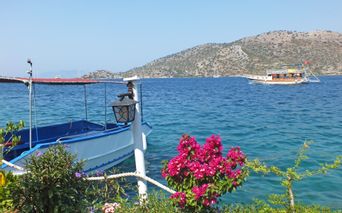 Boat mooring in a beautiful bay with marvellous bougan villas