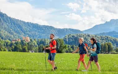 Drei Wanderer mit Rucksäcken und Stöcken gehen über eine grüne Wiese in Bayern. Bewaldete Berge und Schloss Hohenschwangau im Hintergrund sichtbar.