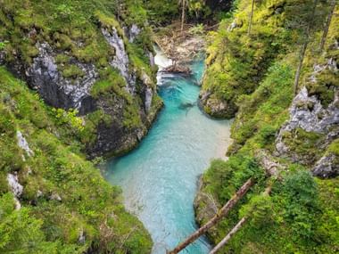 Luftaufnahme der Geisterklamm nahe der Zugspitze mit türkisfarbenem Wasser zwischen moosbewachsenen Felswänden und üppiger grüner Vegetation.