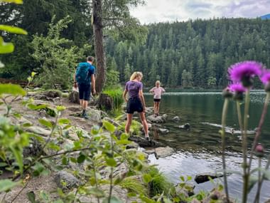 Family of three hiking along rocky shore of Piburger See lake. Dense forest in background, purple wildflowers in foreground.