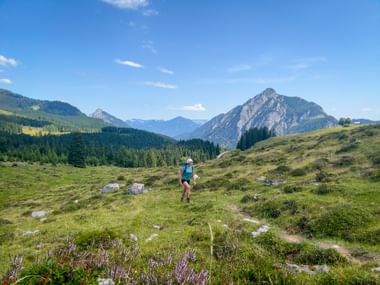 Female hiker on green alpine meadow with rocky mountain peaks in background. Forested slopes and blue sky visible in Salzkammergut region.