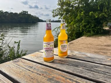 Zwei Getränke auf Holzbank mit Main im Hintergrund