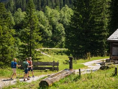 Drei Wanderer mit Rucksäcken und Wanderstöcken an einem Holzbrunnen auf einer Almwiese bei Kitzbühel, umgeben von dichtem Wald.